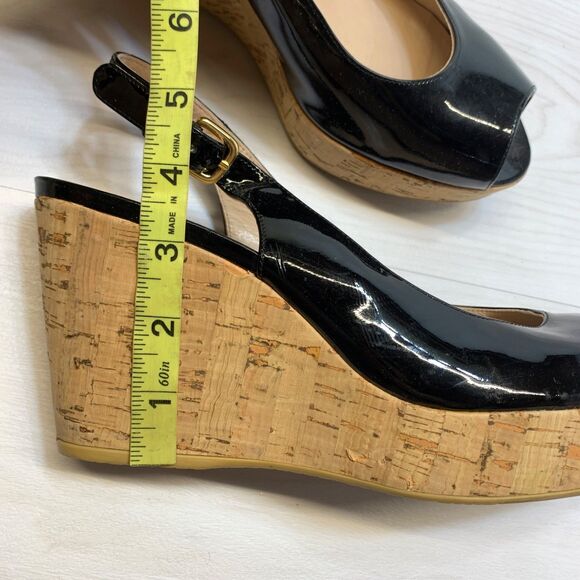 Stuart Weitzman Womens 11M Riveria Sandals Black Patent Leather Slingback Wedge - Picture 9 of 10